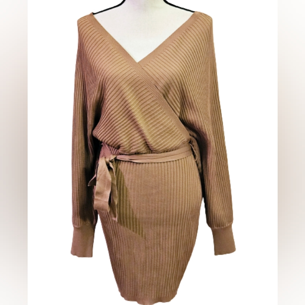 Love Tree Tan Ribbed Front Cross Long Sleeve Lightweight Sweater Dress,Large,NWT